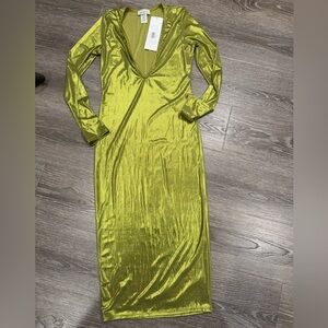 Elegant Deep V Gold/Lime Long Sleeve Dress